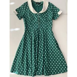 Gown Town Dress XXL Green White Polka Dot Retro 50s 60’s Fit Flair Swing Stretch